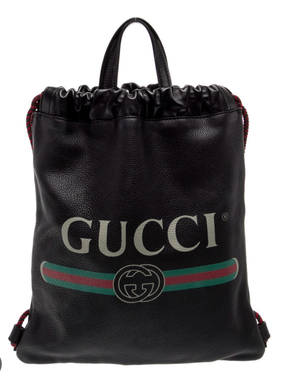 Gucci Black Leather Logo Drawstring Backpack with Green-Red Web Stripe
